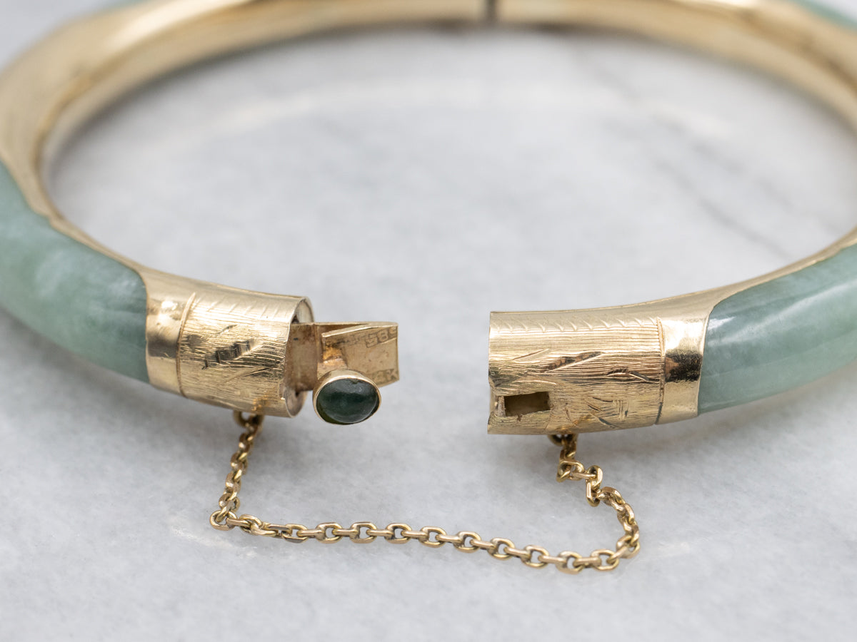 Vintage Jadeite and Gold Bangle Bracelet with Nephrite Jade and Safety Chain