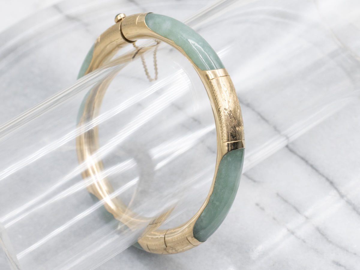 Vintage Jadeite and Gold Bangle Bracelet with Nephrite Jade and Safety Chain