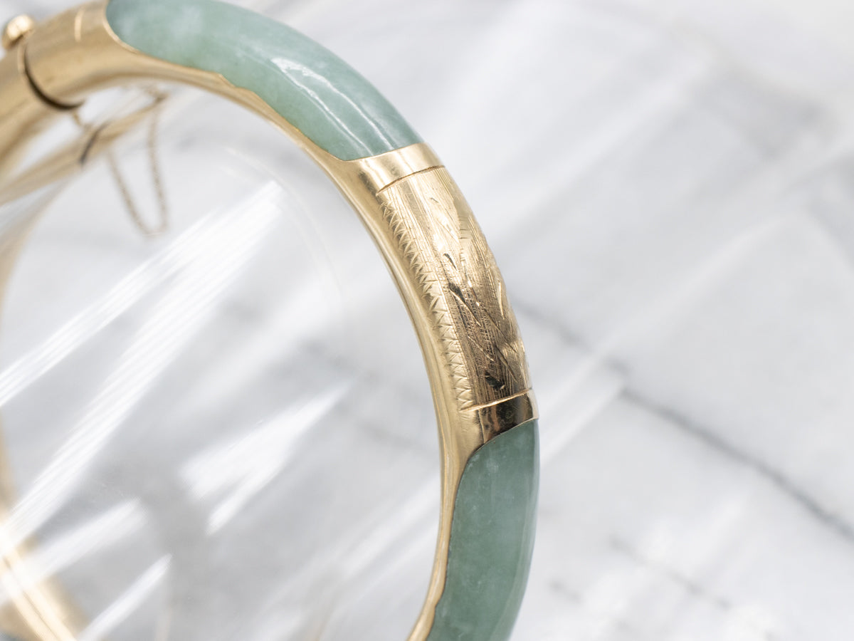 Vintage Jadeite and Gold Bangle Bracelet with Nephrite Jade and Safety Chain
