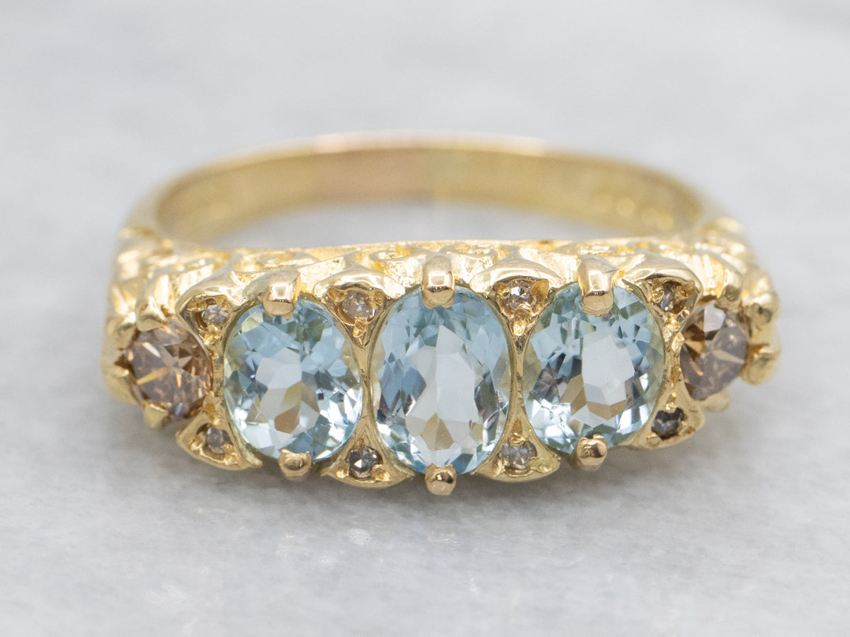 Ornate Aquamarine and Champagne Diamond Ring