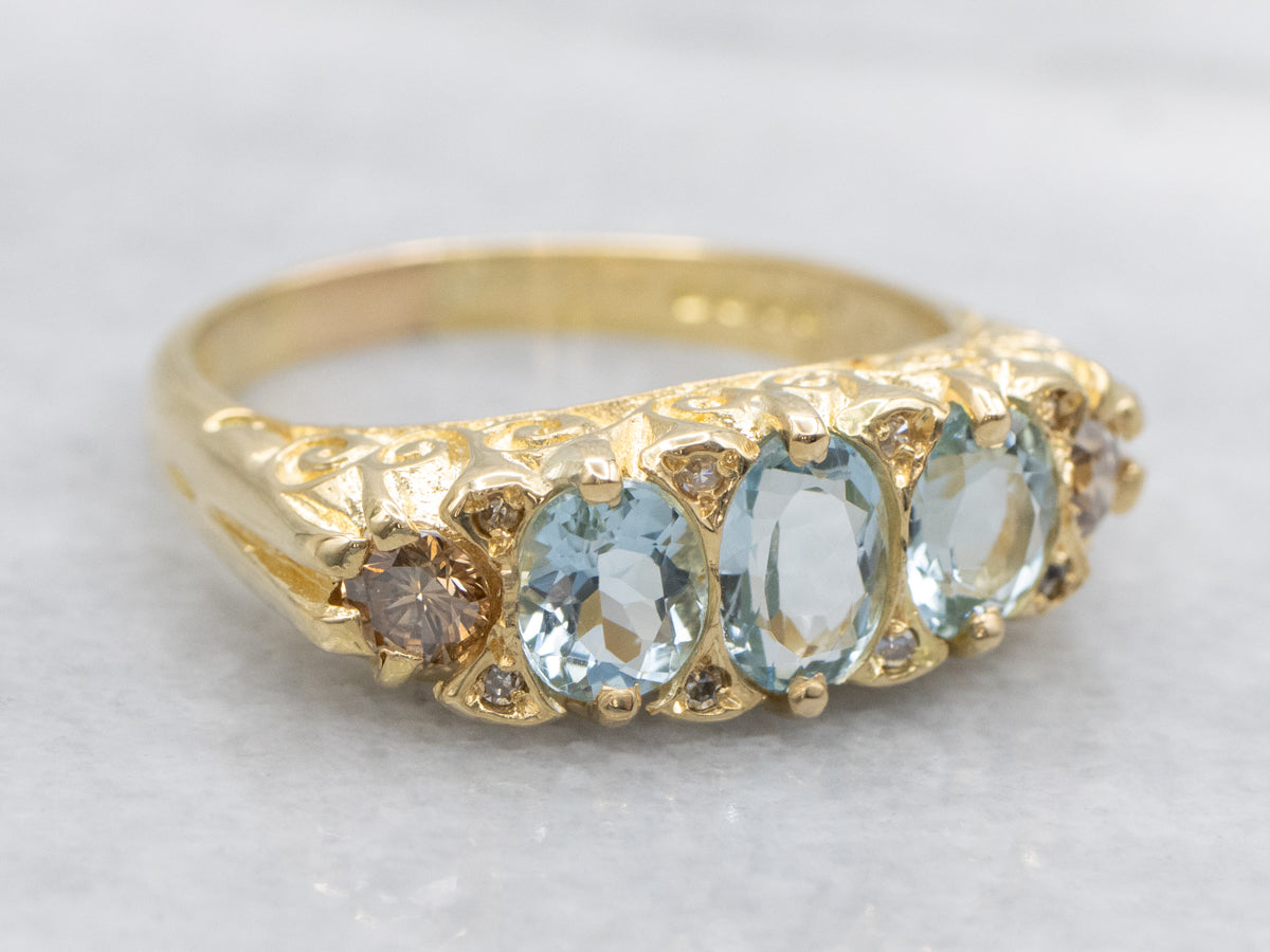 Ornate Aquamarine and Champagne Diamond Ring