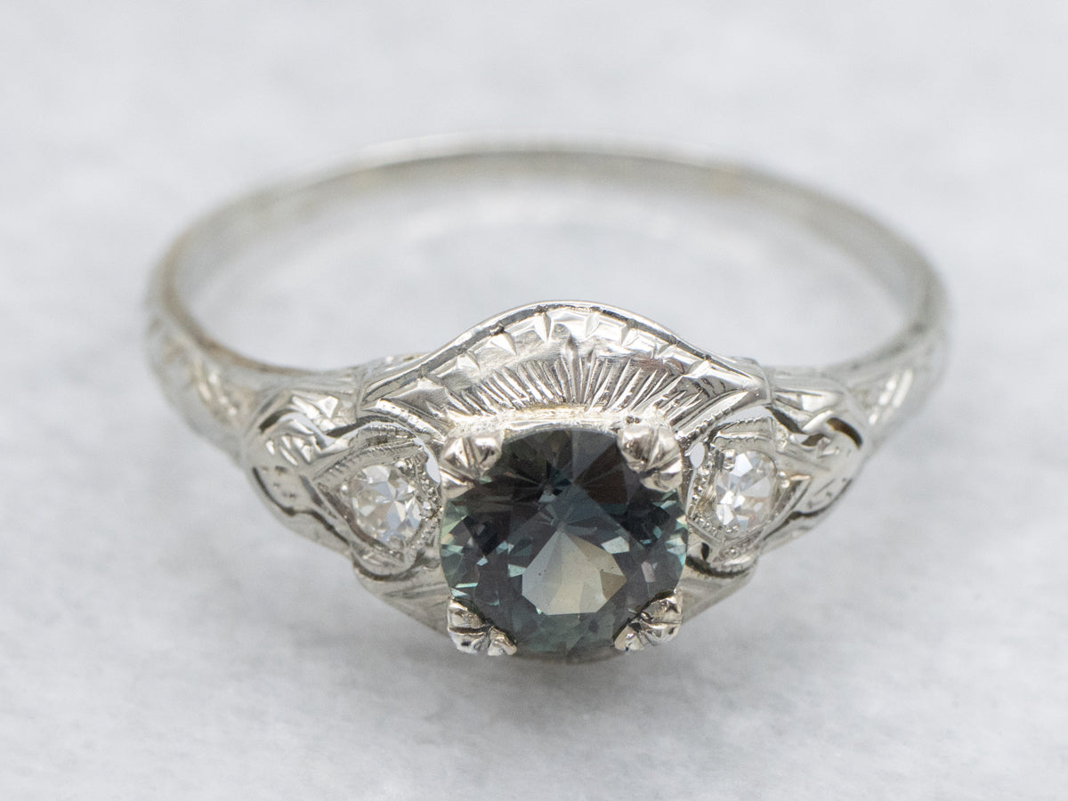 Art Deco Color Change Sapphire and Diamond Gold Ring