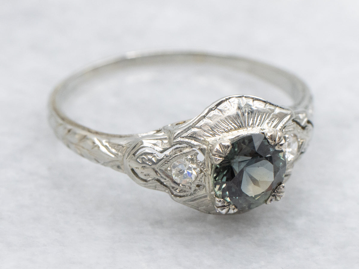 Art Deco Color Change Sapphire and Diamond Gold Ring