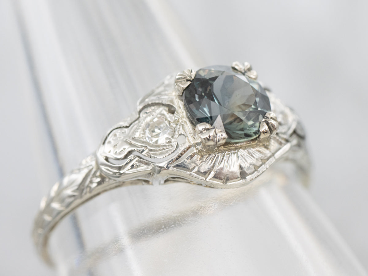 Art Deco Color Change Sapphire and Diamond Gold Ring