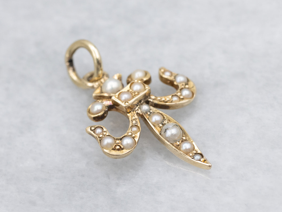 Antique Seed Pearl Fleur De Lis Charm Pendant