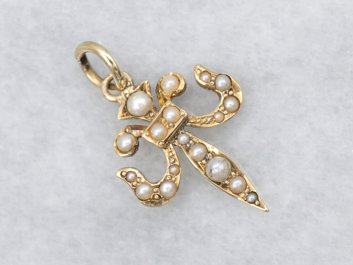 Antique Seed Pearl Fleur De Lis Charm Pendant