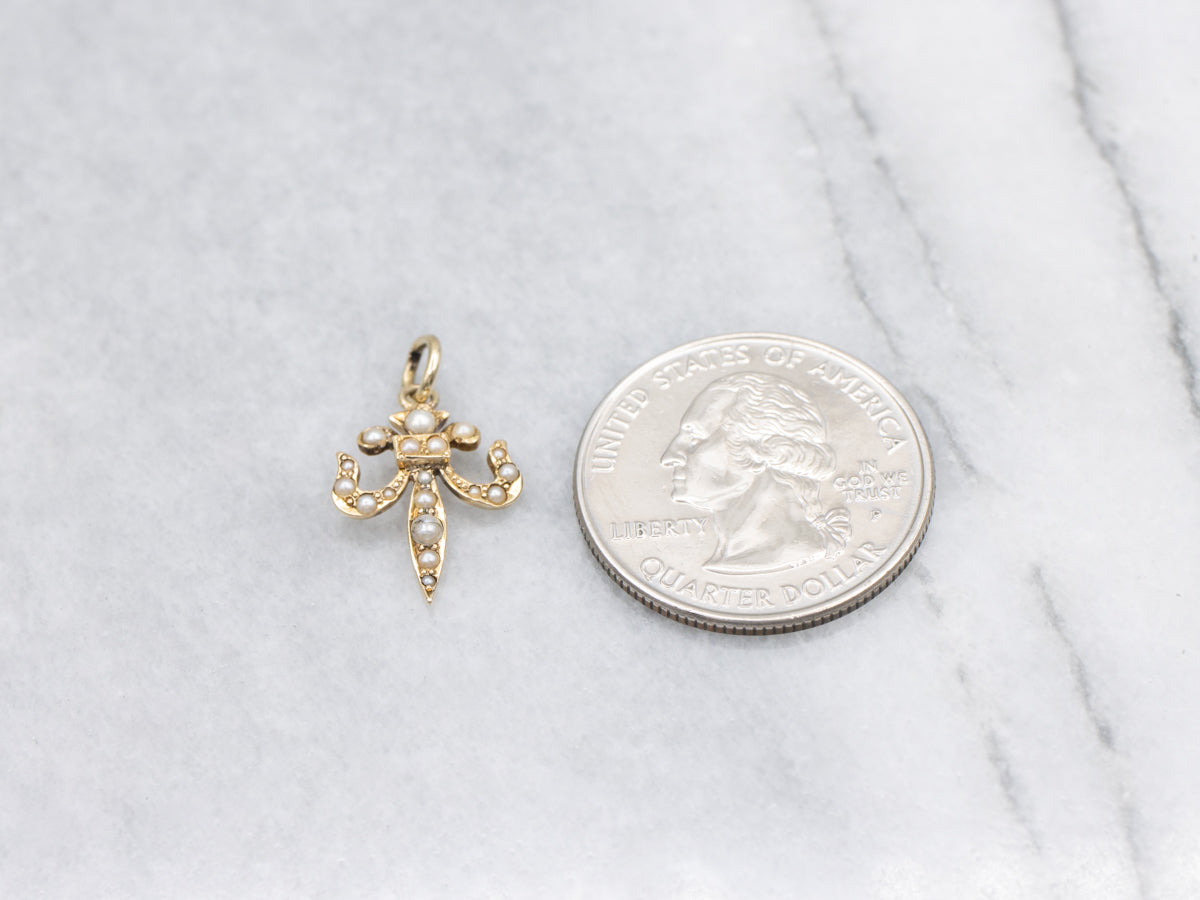 Antique Seed Pearl Fleur De Lis Charm Pendant