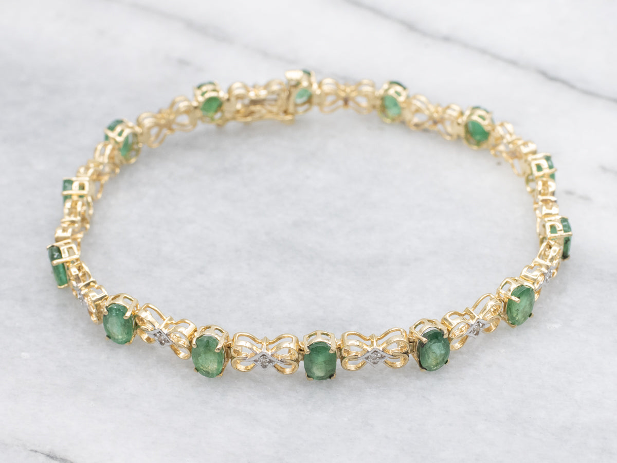Emerald and Diamond Two Tone Gold Link Bracelet