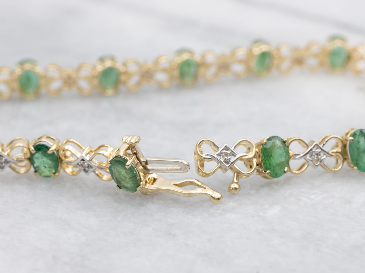 Emerald and Diamond Two Tone Gold Link Bracelet