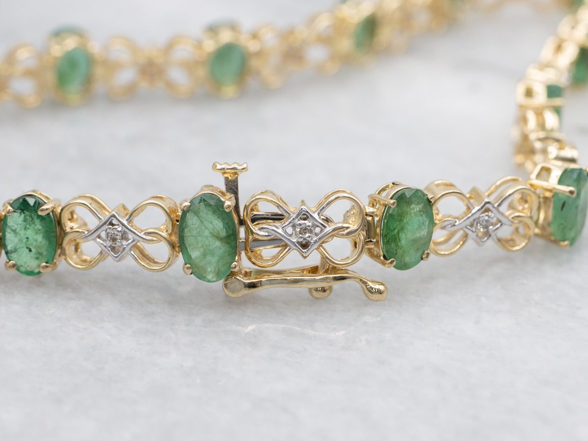 Emerald and Diamond Two Tone Gold Link Bracelet