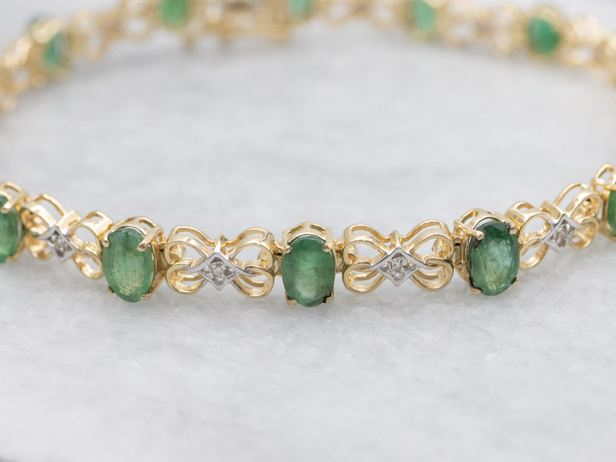 Emerald and Diamond Two Tone Gold Link Bracelet