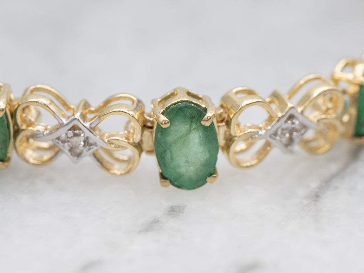 Emerald and Diamond Two Tone Gold Link Bracelet