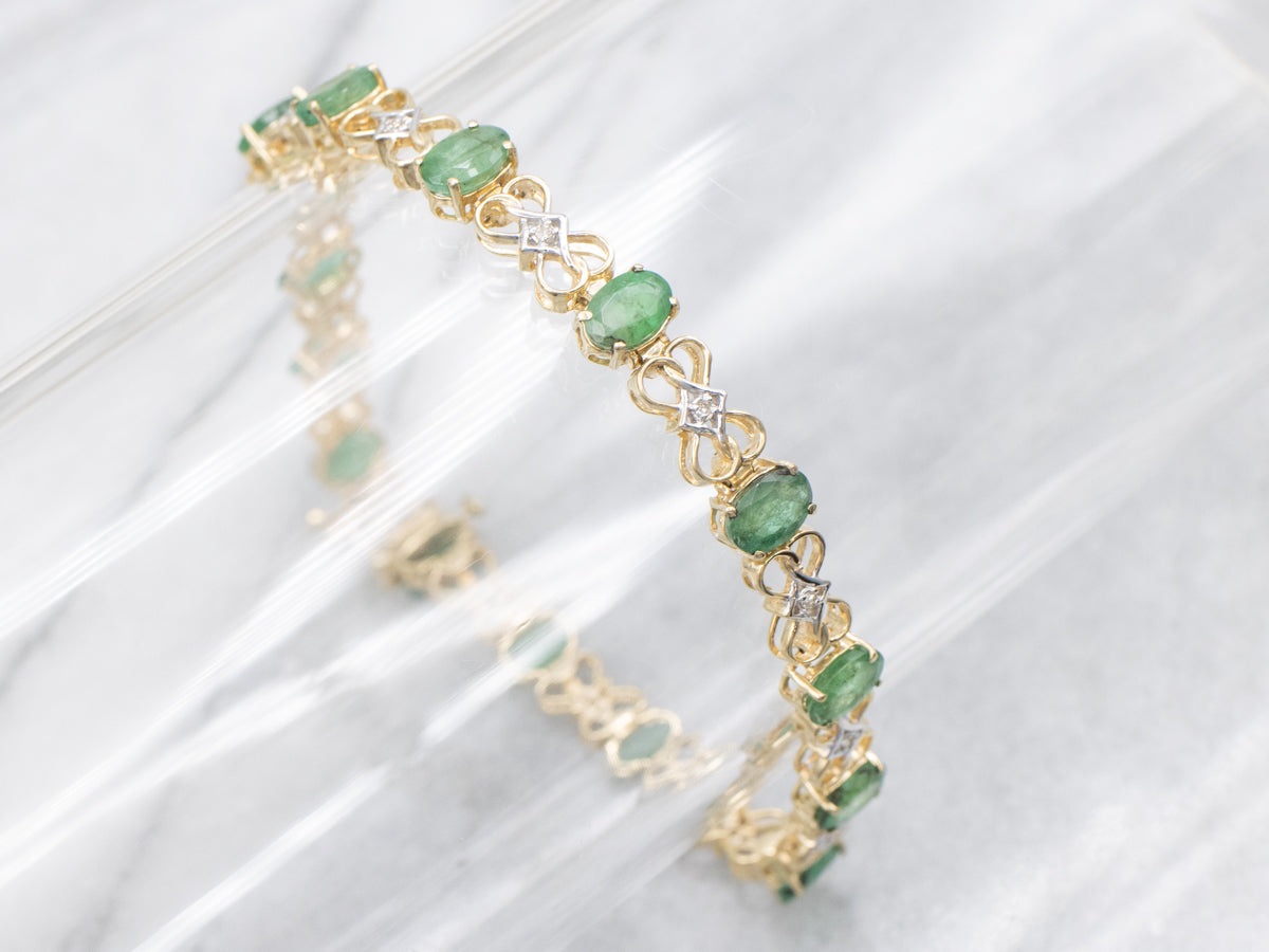 Emerald and Diamond Two Tone Gold Link Bracelet