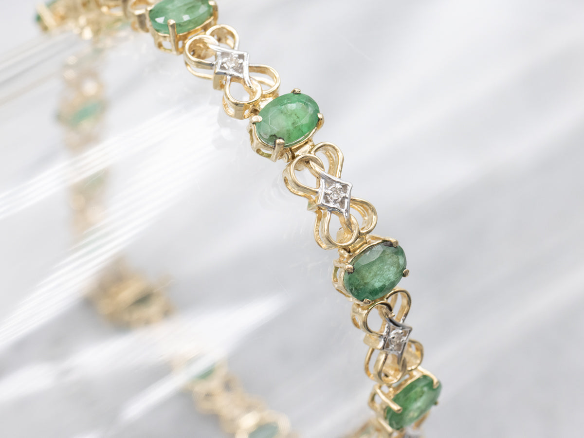 Emerald and Diamond Two Tone Gold Link Bracelet