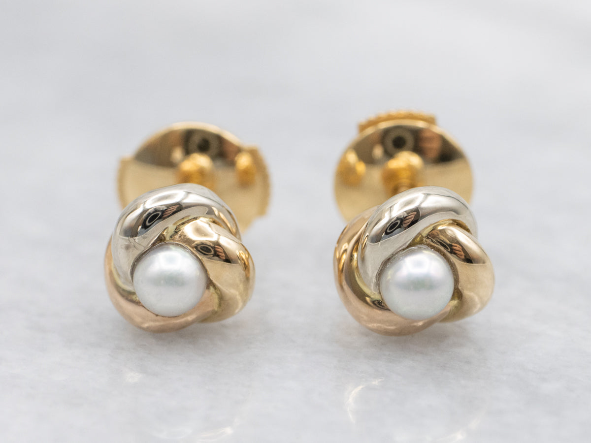 Twisted Yellow Gold Pearl Stud Earrings
