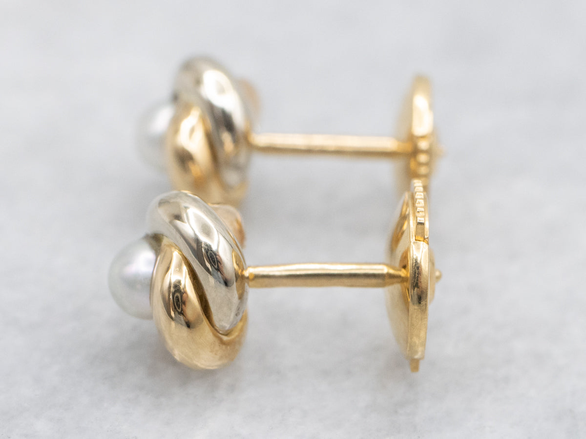 Twisted Yellow Gold Pearl Stud Earrings