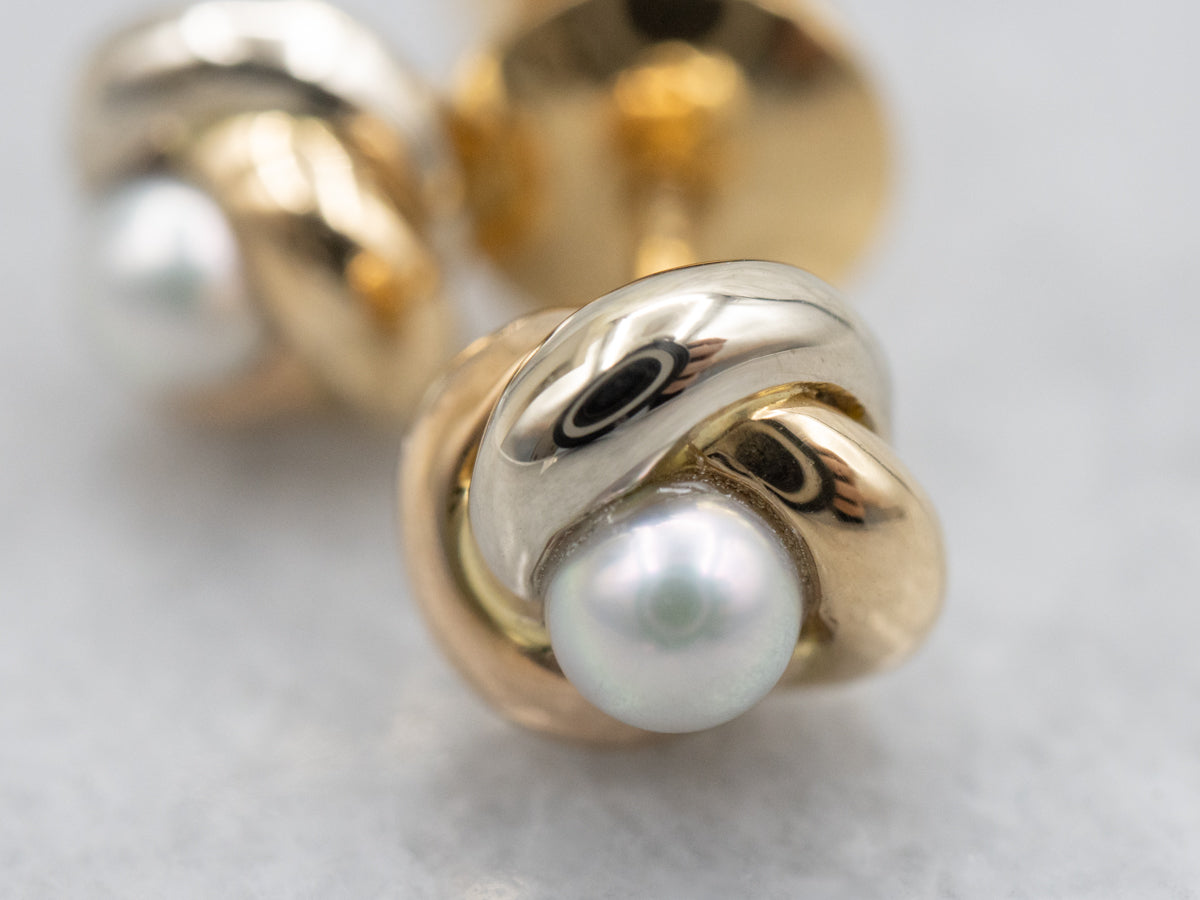 Twisted Yellow Gold Pearl Stud Earrings