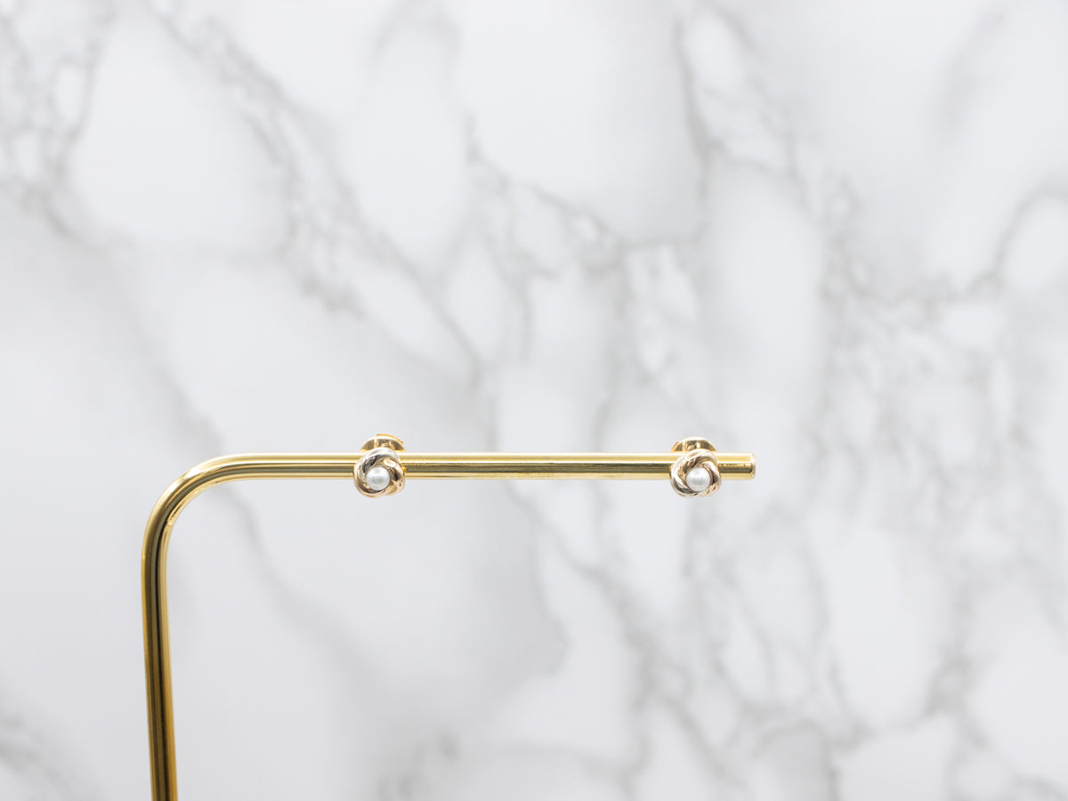 Twisted Yellow Gold Pearl Stud Earrings