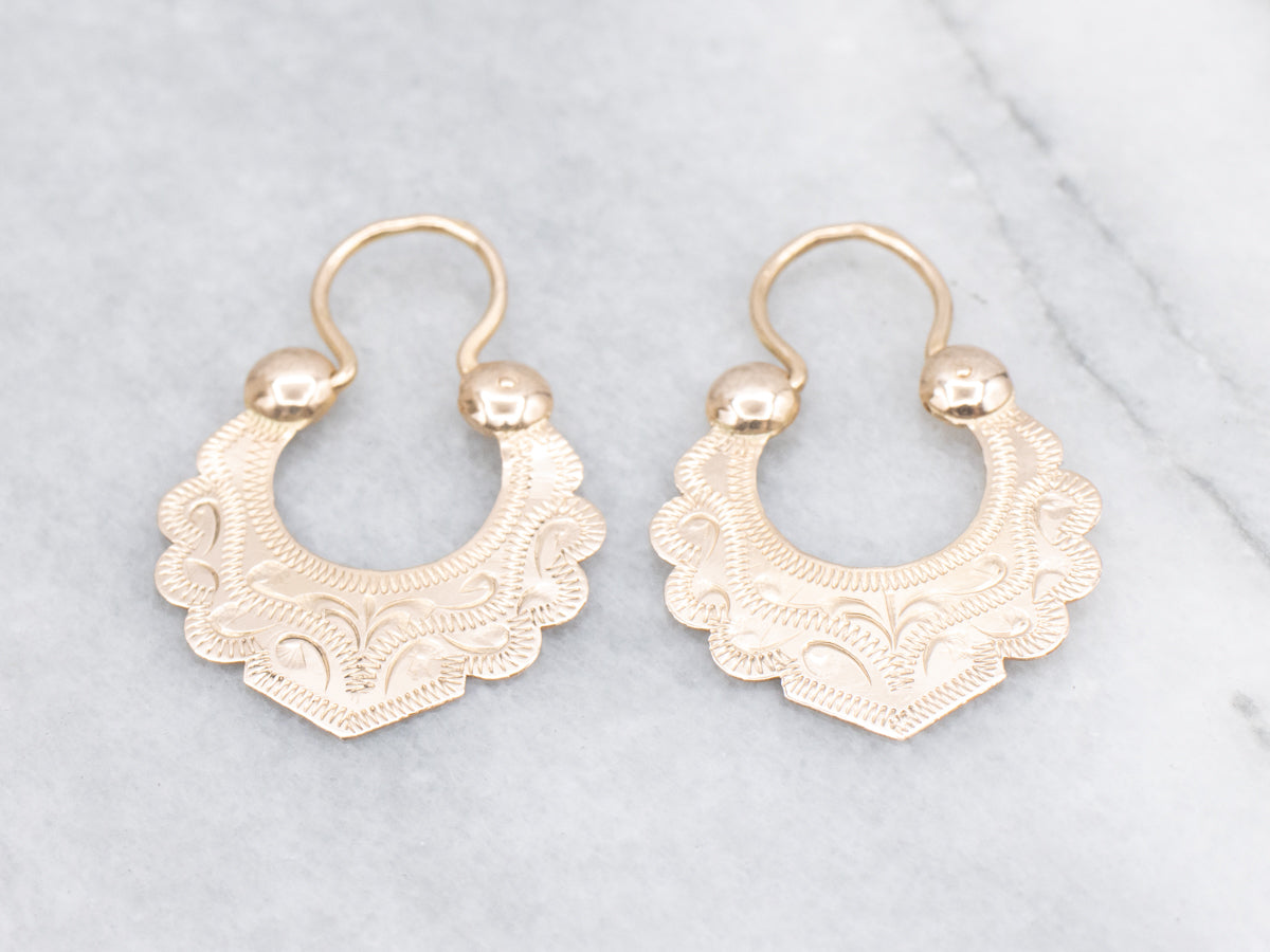 Floral Engraved Rose Gold Hoop Earrings