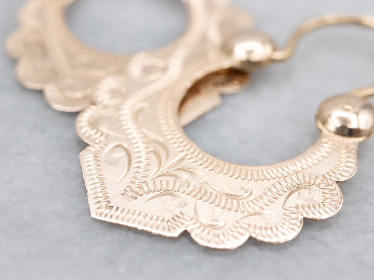 Floral Engraved Rose Gold Hoop Earrings