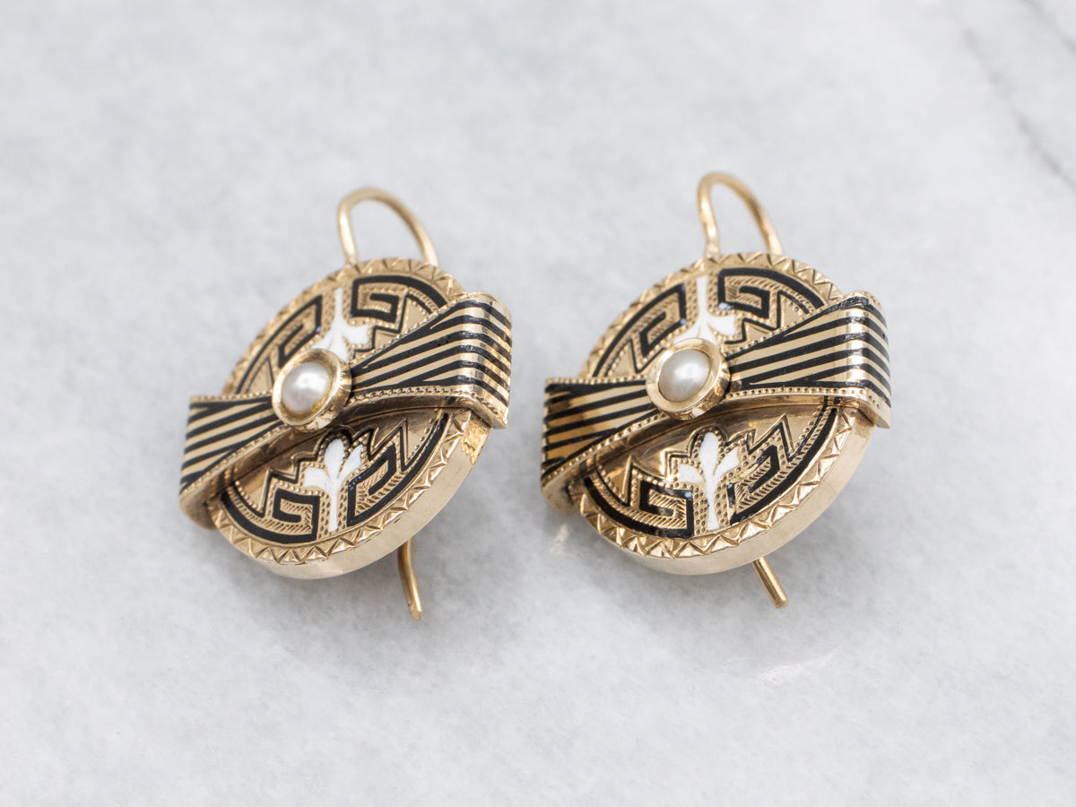 Antique Enamel and Pearl Gold Cufflink Conversion Drop Earrings