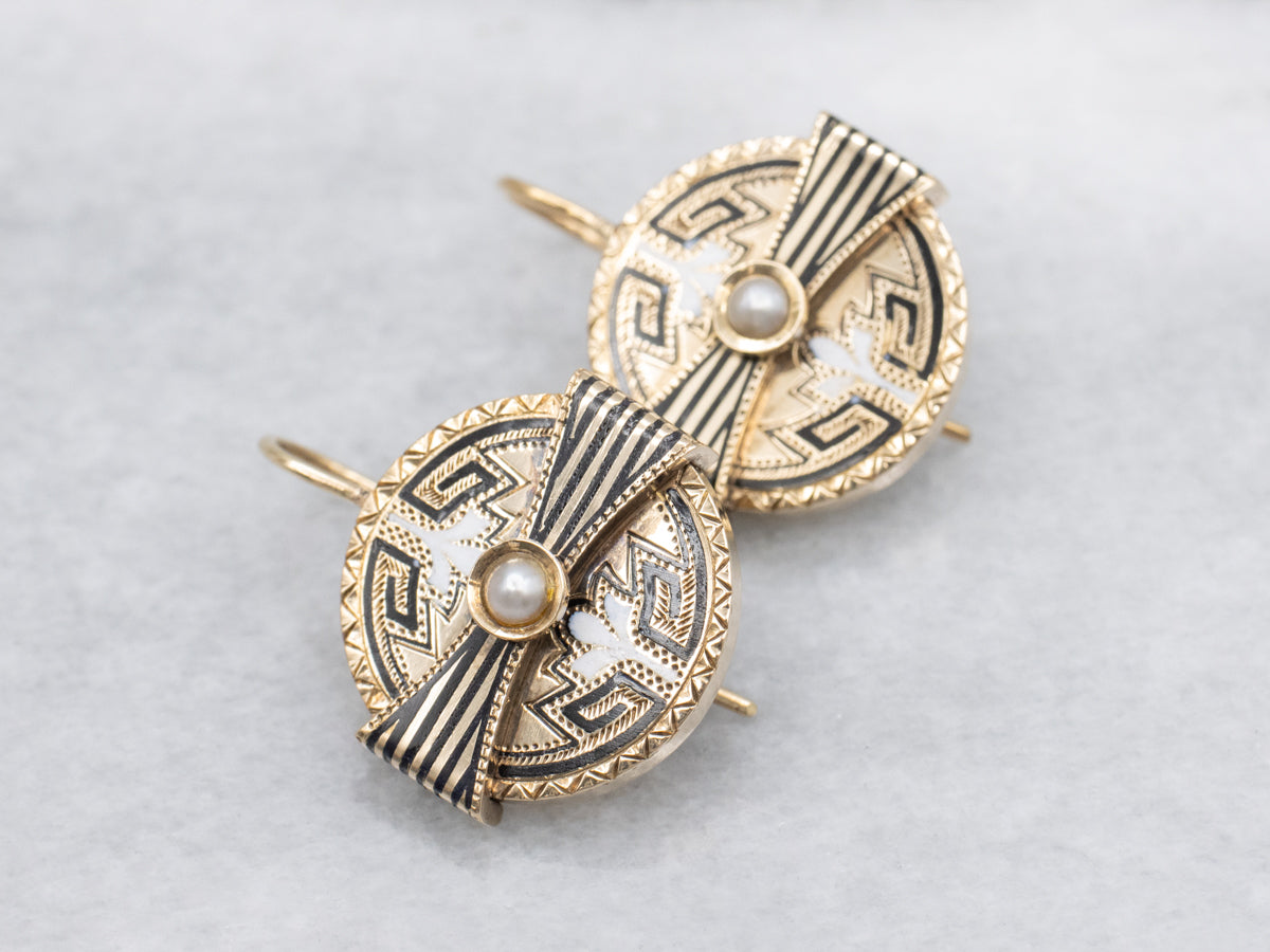 Antique Enamel and Pearl Gold Cufflink Conversion Drop Earrings