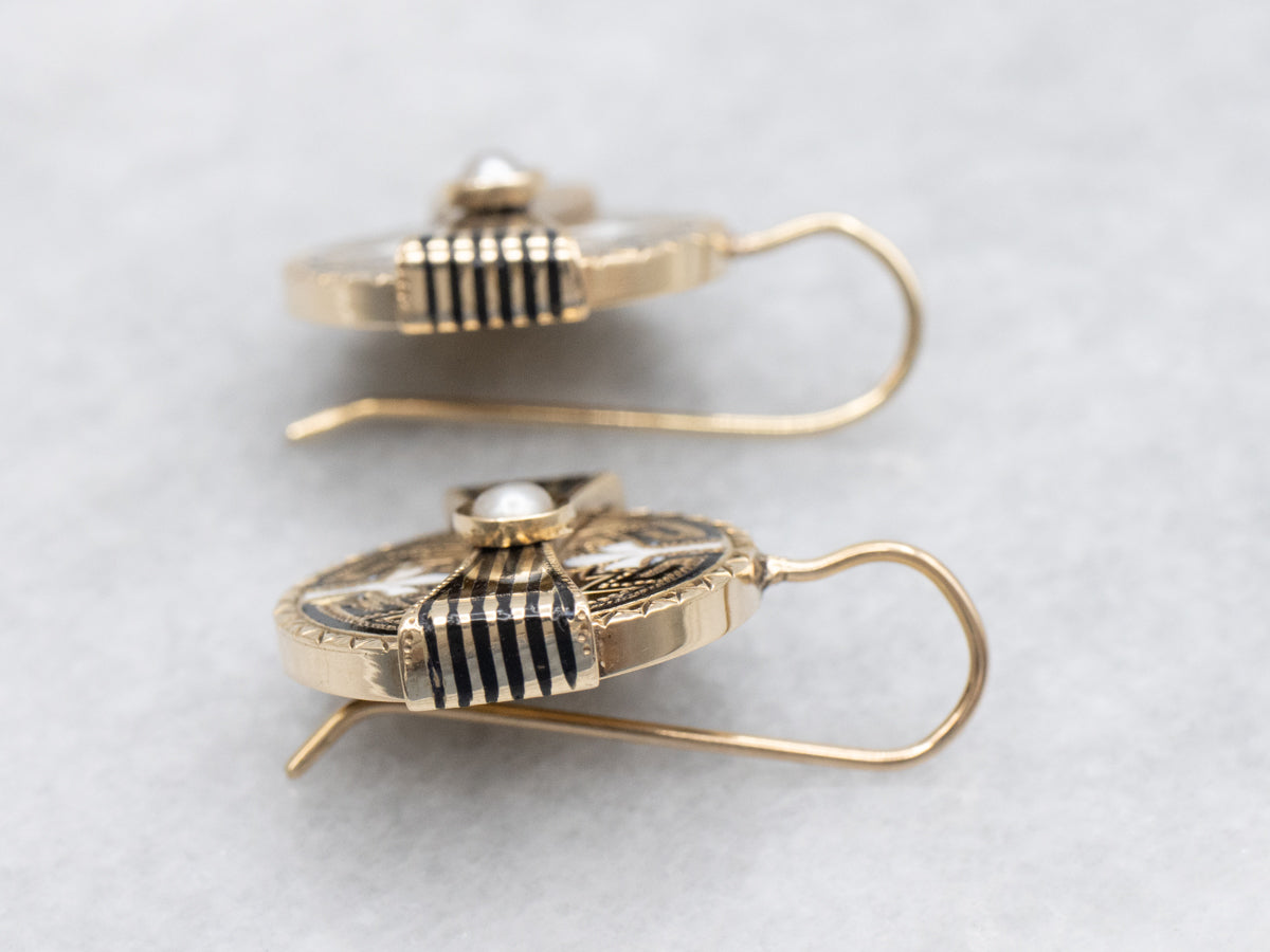 Antique Enamel and Pearl Gold Cufflink Conversion Drop Earrings