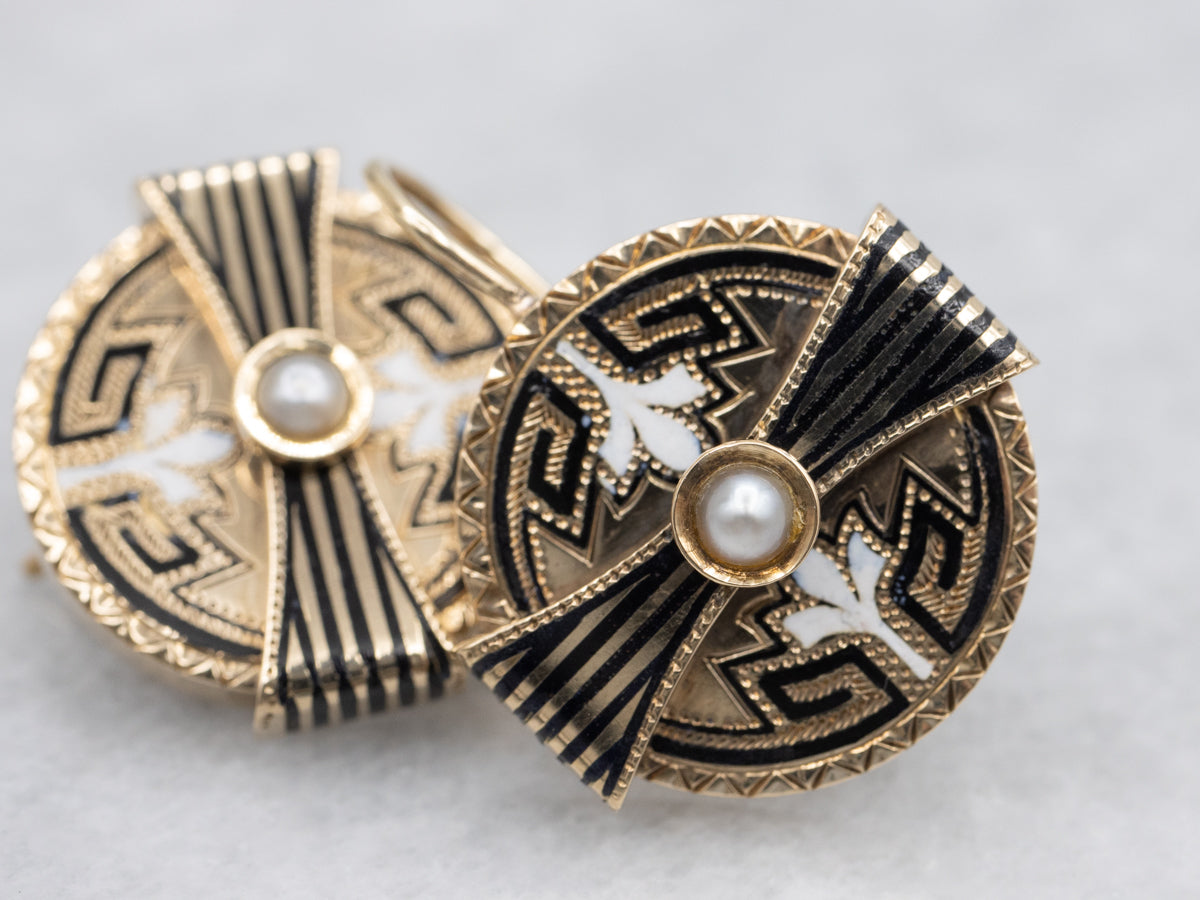 Antique Enamel and Pearl Gold Cufflink Conversion Drop Earrings