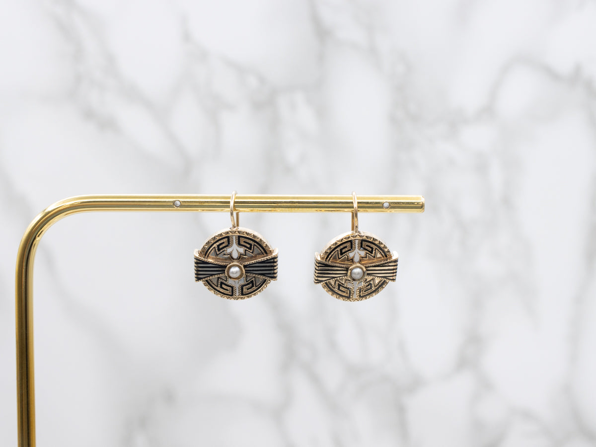 Antique Enamel and Pearl Gold Cufflink Conversion Drop Earrings