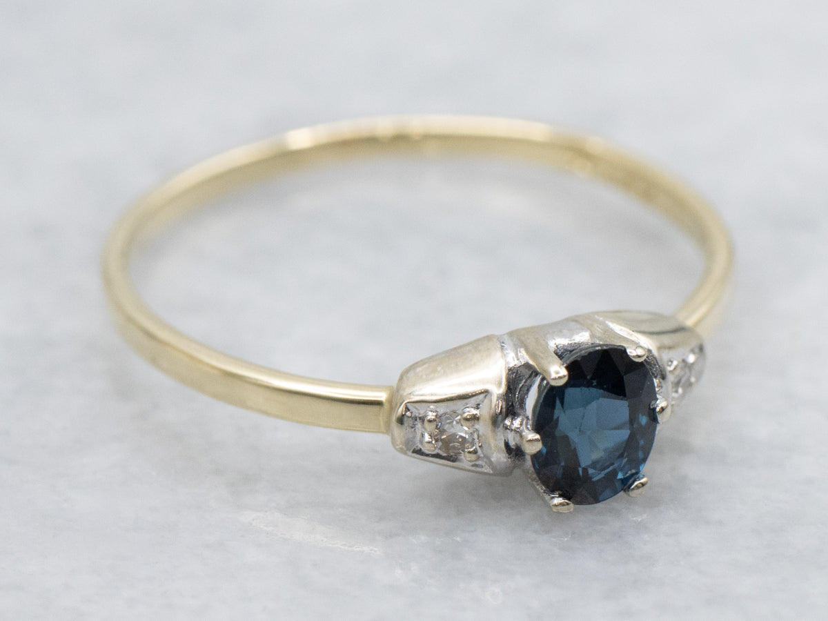 Simple Sapphire and Diamond Vintage Ring in Platinum and Gold Setting