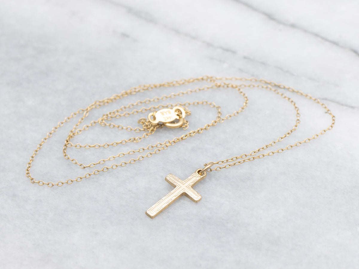 Vintage Etched Cross Gold Necklace