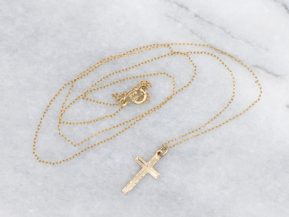 Vintage Etched Cross Gold Necklace