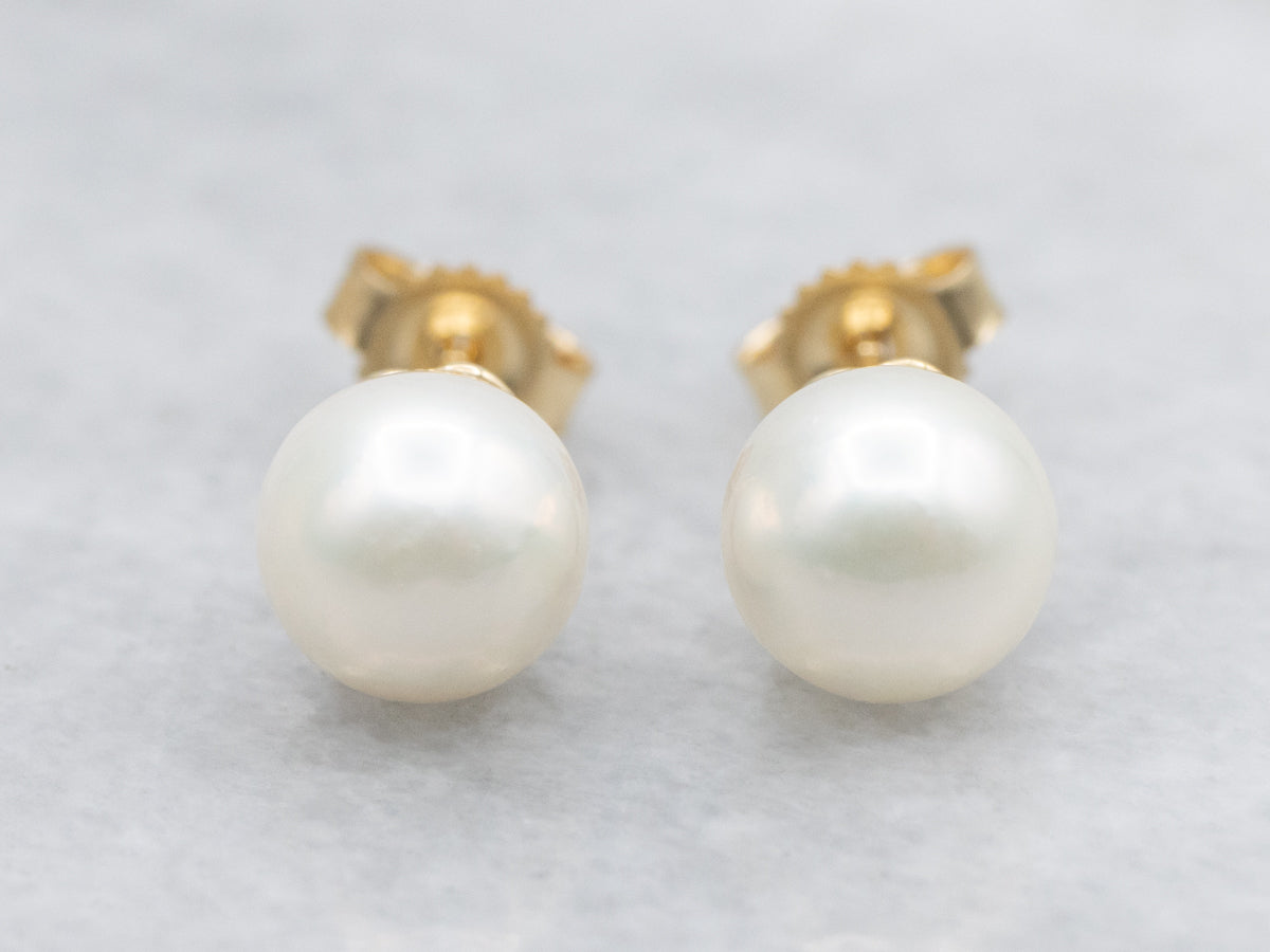 Classic White Pearl Yellow Gold Stud Earrings