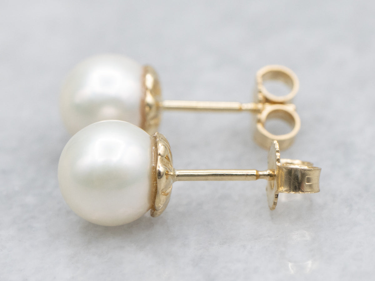Classic White Pearl Yellow Gold Stud Earrings