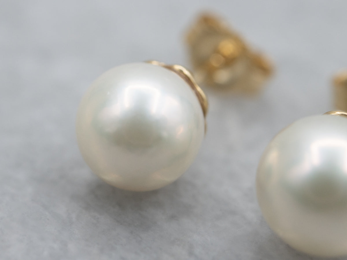 Classic White Pearl Yellow Gold Stud Earrings