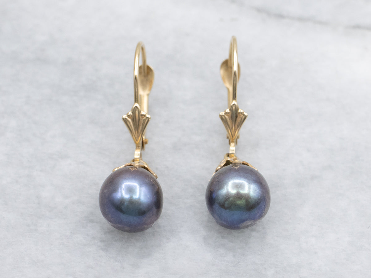 Dyed Purple Pearl Yellow Gold Drop Earrings