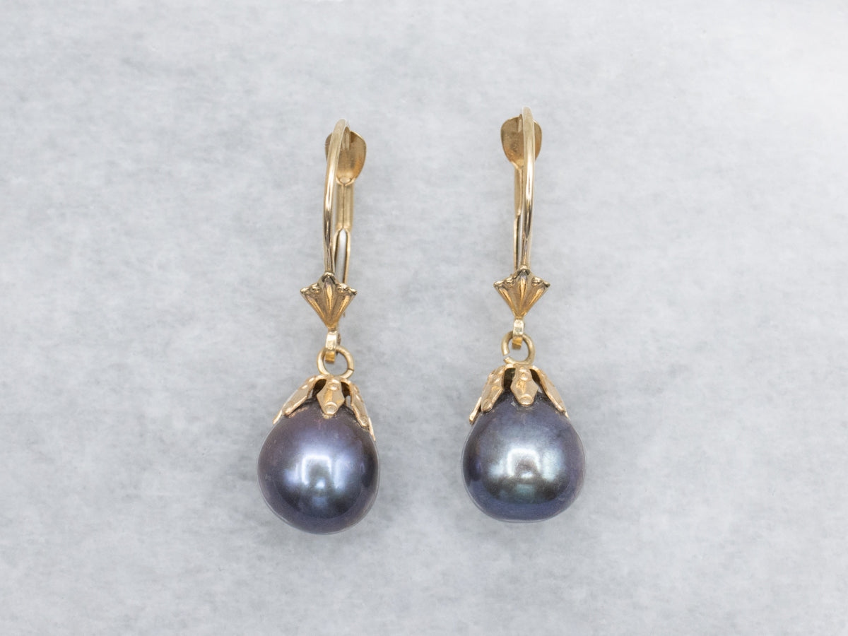 Dyed Purple Pearl Yellow Gold Drop Earrings