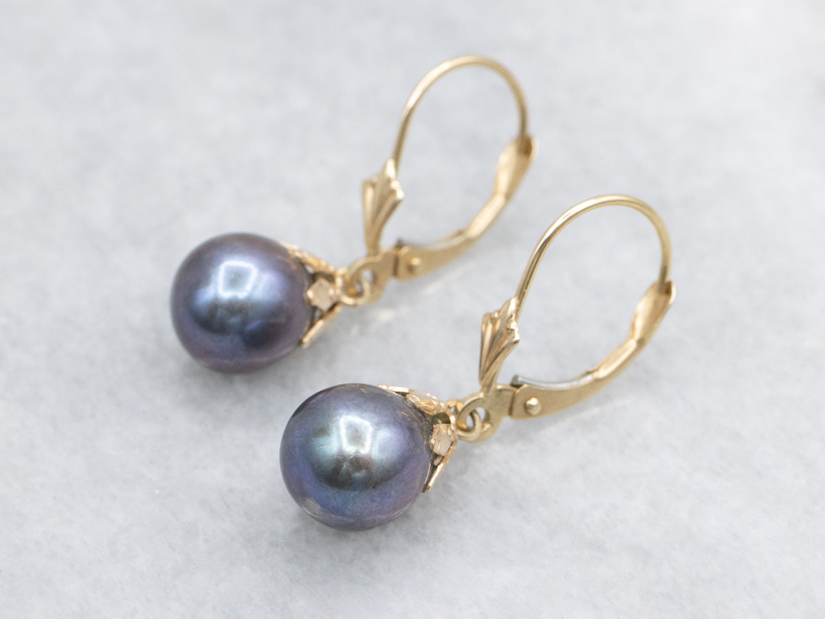 Dyed Purple Pearl Yellow Gold Drop Earrings