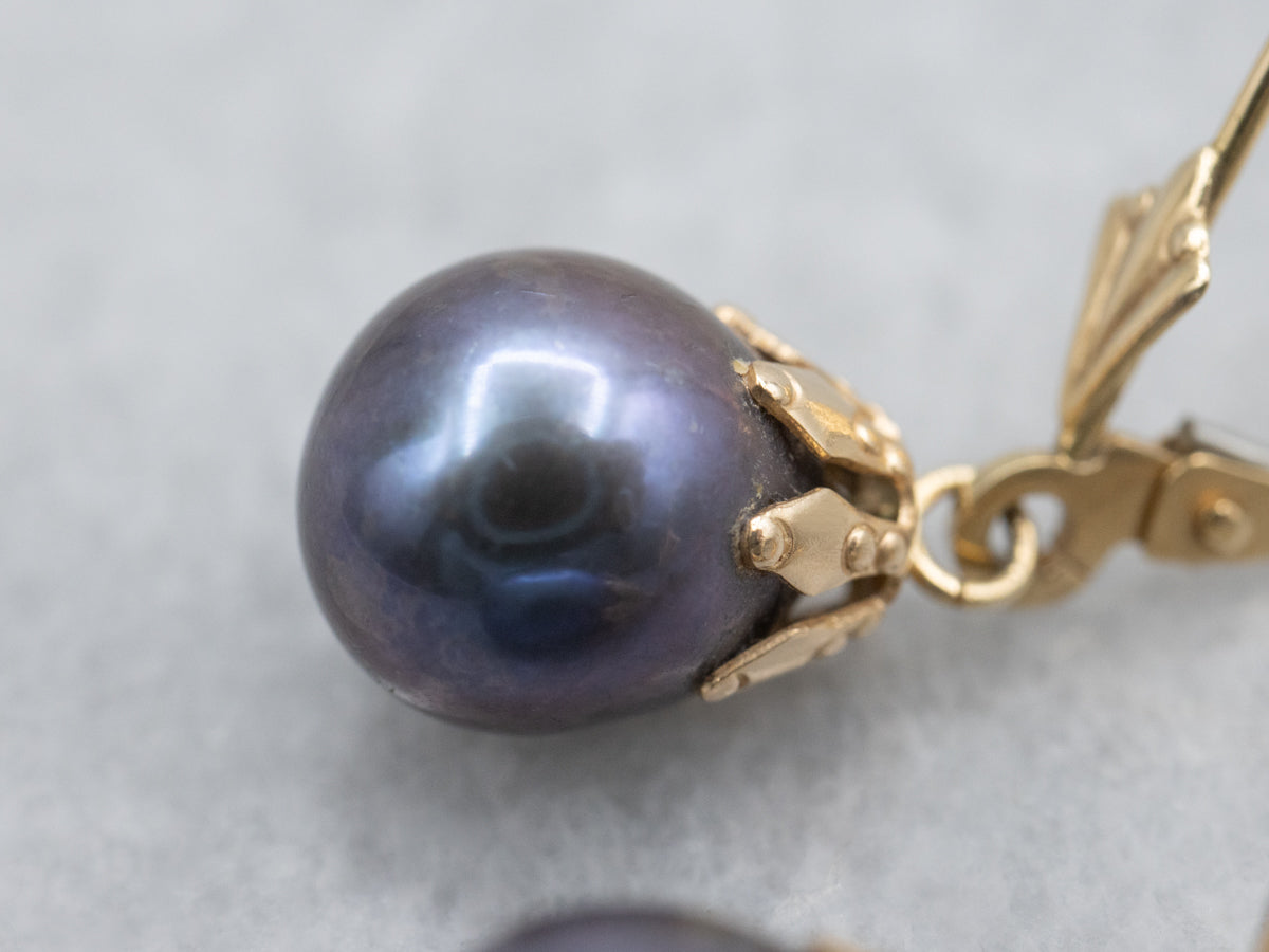 Dyed Purple Pearl Yellow Gold Drop Earrings