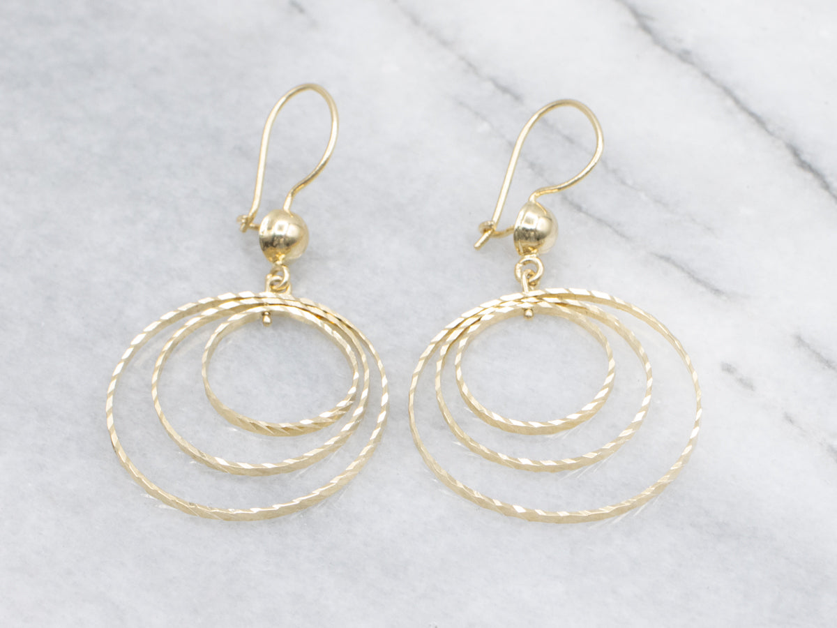 Faceted 14K Yellow Gold Triple Circle Drop Earrings