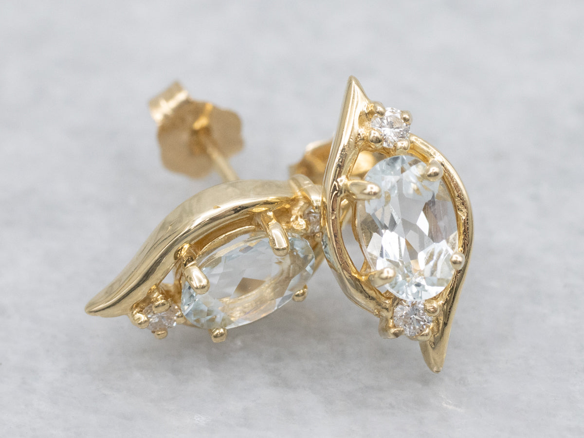 Pretty Aquamarine and Diamond Gold Stud Earrings