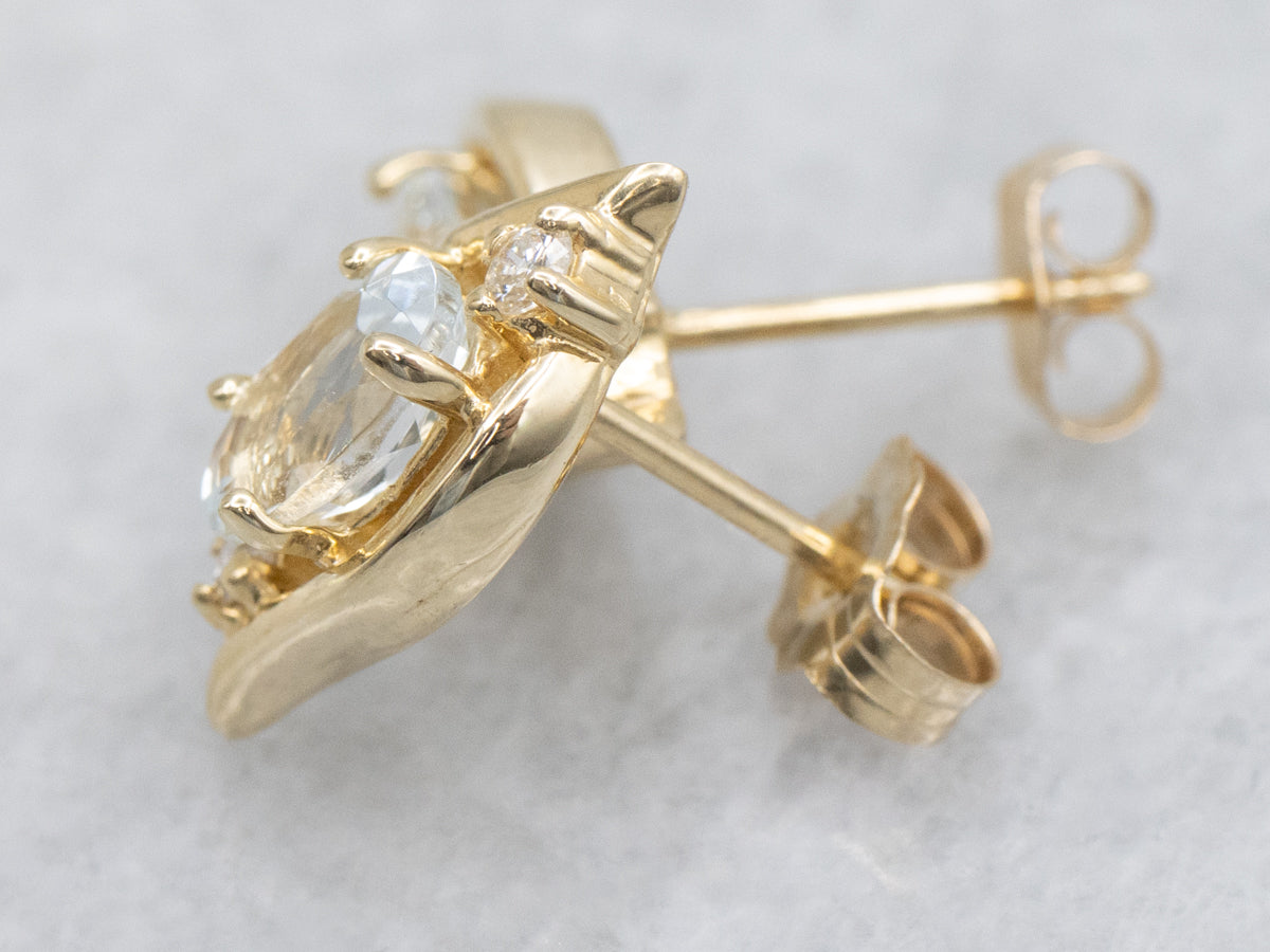 Pretty Aquamarine and Diamond Gold Stud Earrings