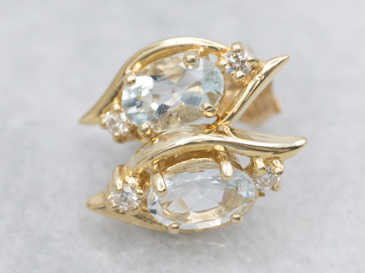 Pretty Aquamarine and Diamond Gold Stud Earrings