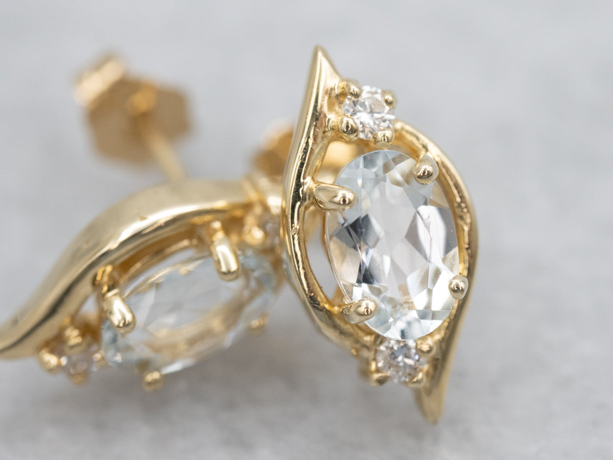 Pretty Aquamarine and Diamond Gold Stud Earrings