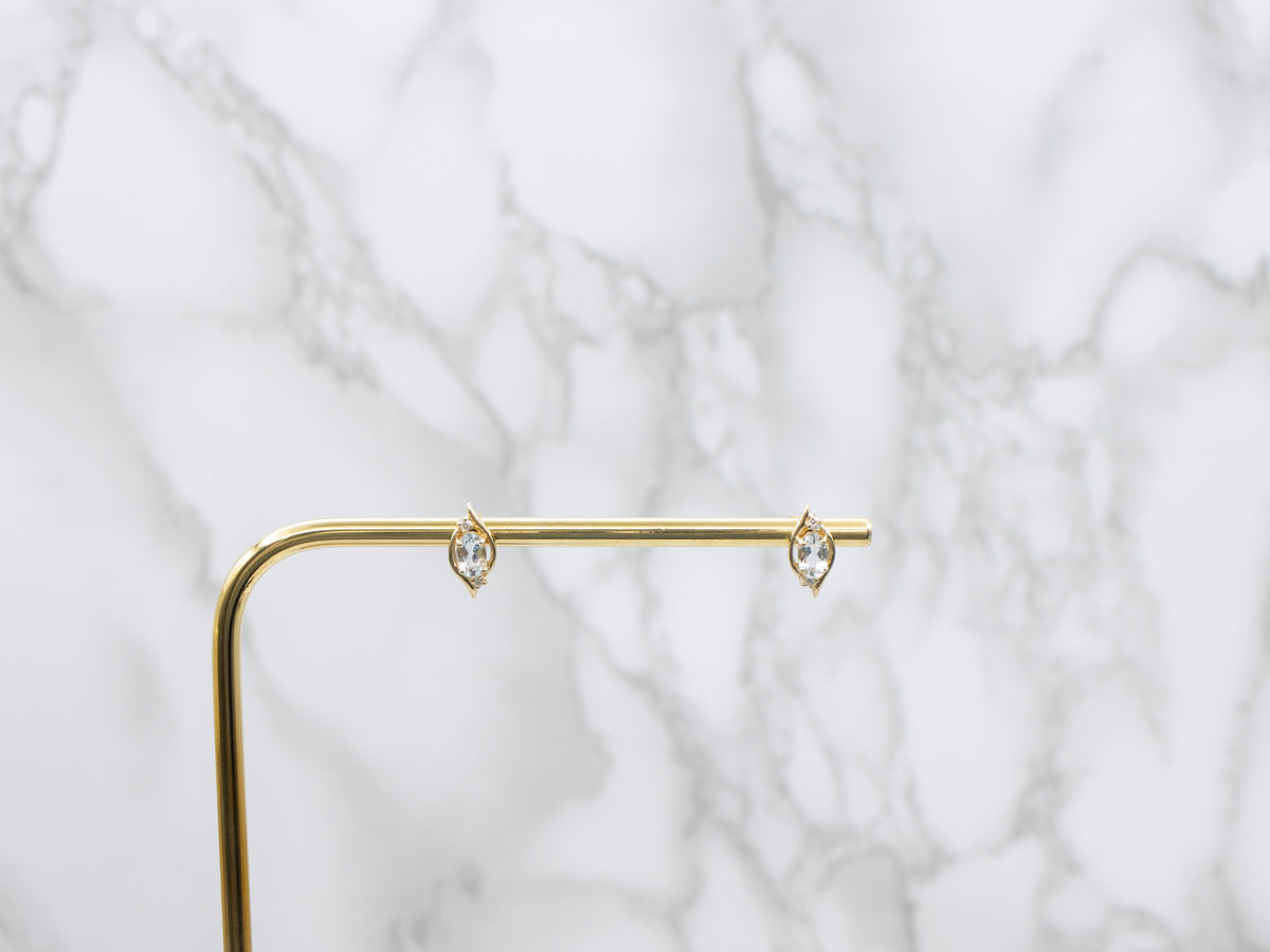 Pretty Aquamarine and Diamond Gold Stud Earrings