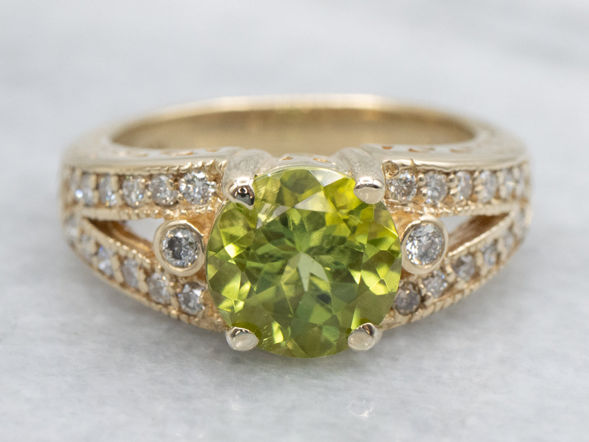 Round Cut Peridot and Diamond Shoulder Yellow Gold Ring