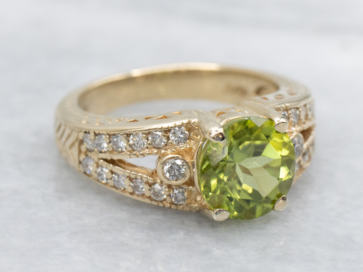 Round Cut Peridot and Diamond Shoulder Yellow Gold Ring