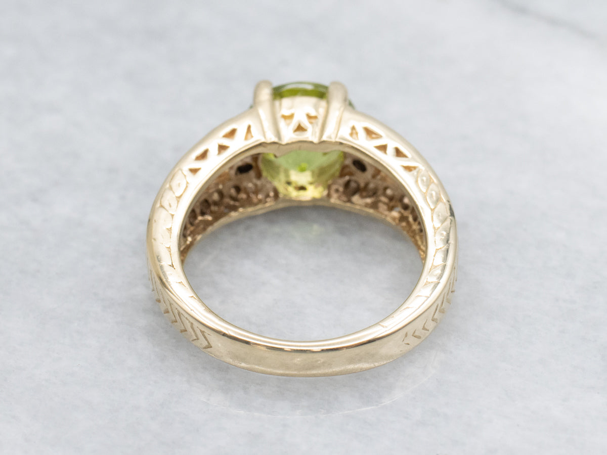 Round Cut Peridot and Diamond Shoulder Yellow Gold Ring