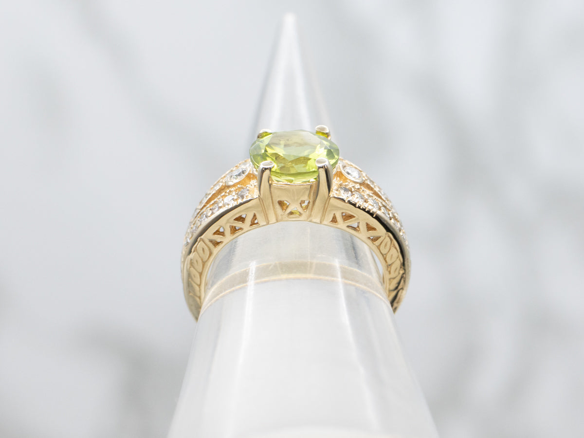 Round Cut Peridot and Diamond Shoulder Yellow Gold Ring
