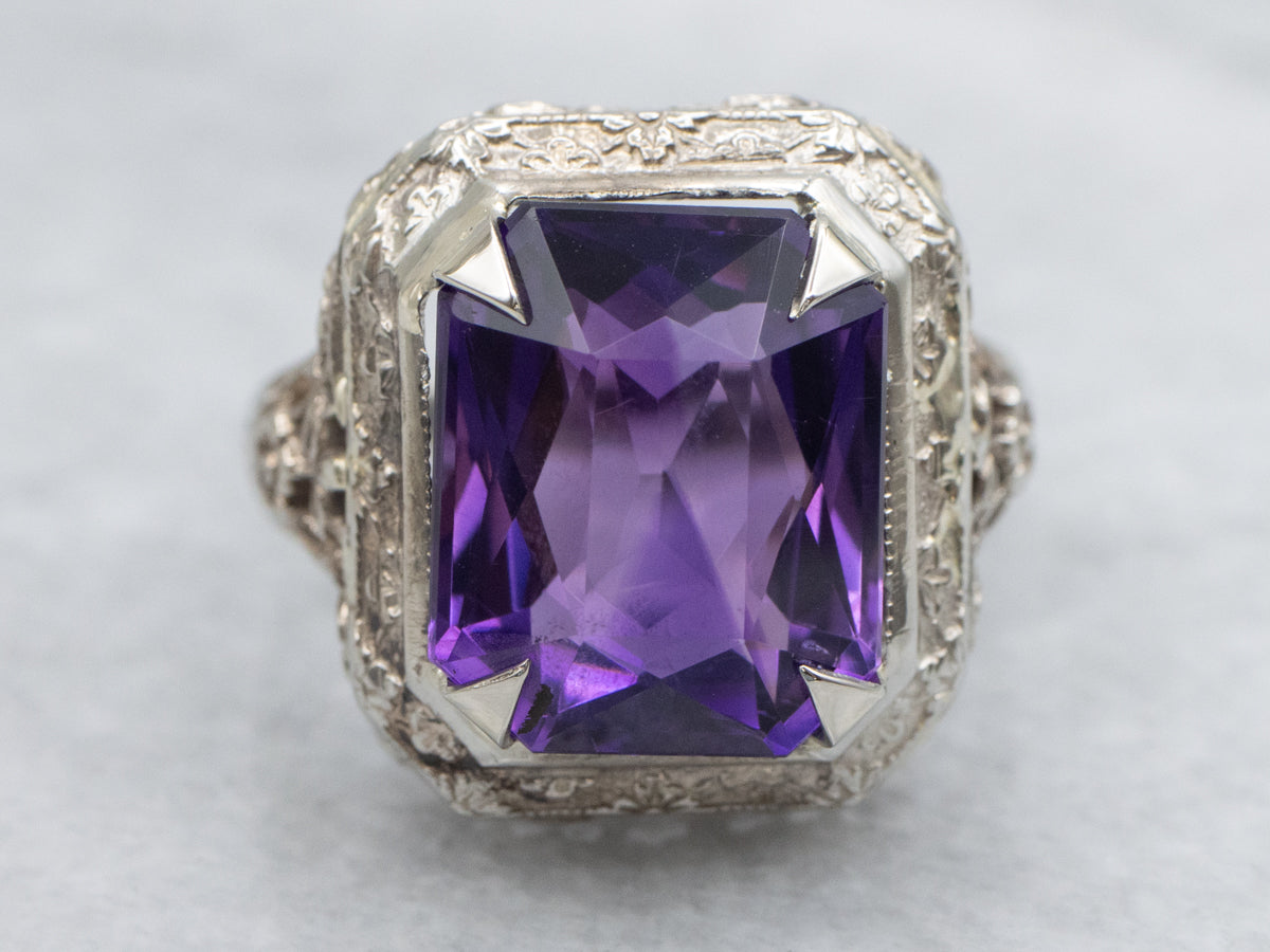 Art Deco Emerald Cut Amethyst Ring Floral Filigree